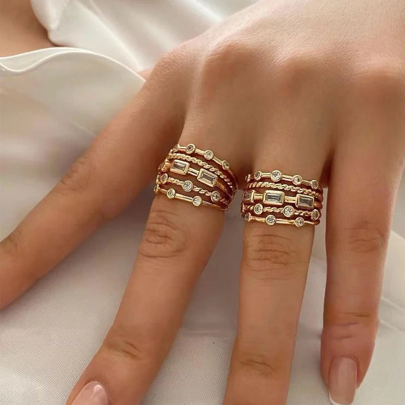 Stainless Steel 18 K Gold Plated Sun Rings for Women Natural Stone Inlaid in Hollow Metal Texture Ring Trendy Jewelry