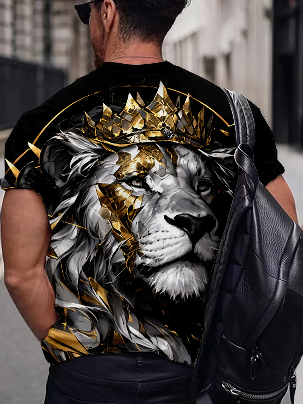 Men’s Lion Crown Graphic Tee – Breathable Polyester Blend, Casual & Elegant Plus Size Crew Neck T-Shirt
