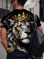 Men’s Lion Crown Graphic Tee – Breathable Polyester Blend, Casual & Elegant Plus Size Crew Neck T-Shirt