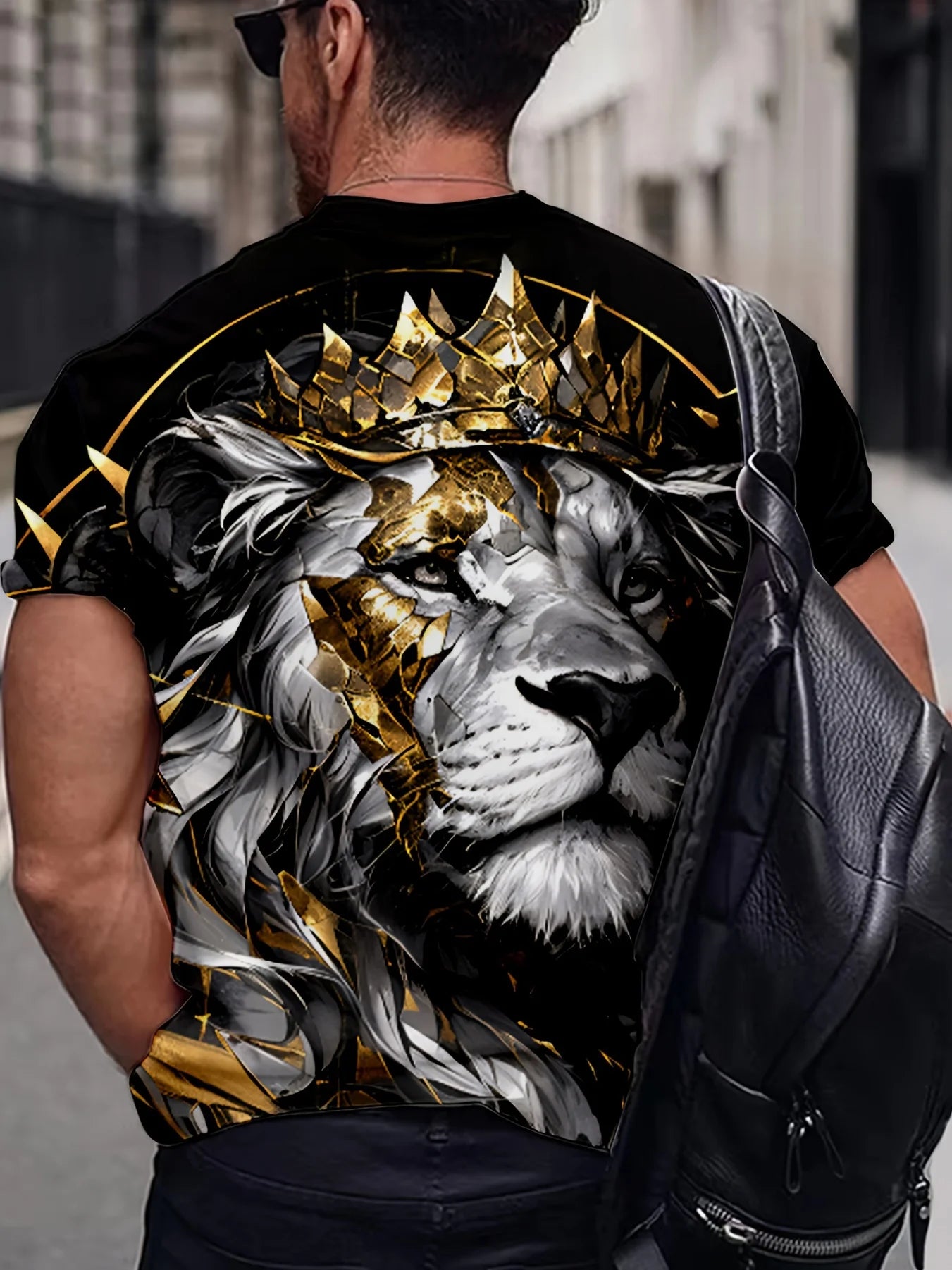 Men’s Lion Crown Graphic Tee – Breathable Polyester Blend, Casual & Elegant Plus Size Crew Neck T-Shirt