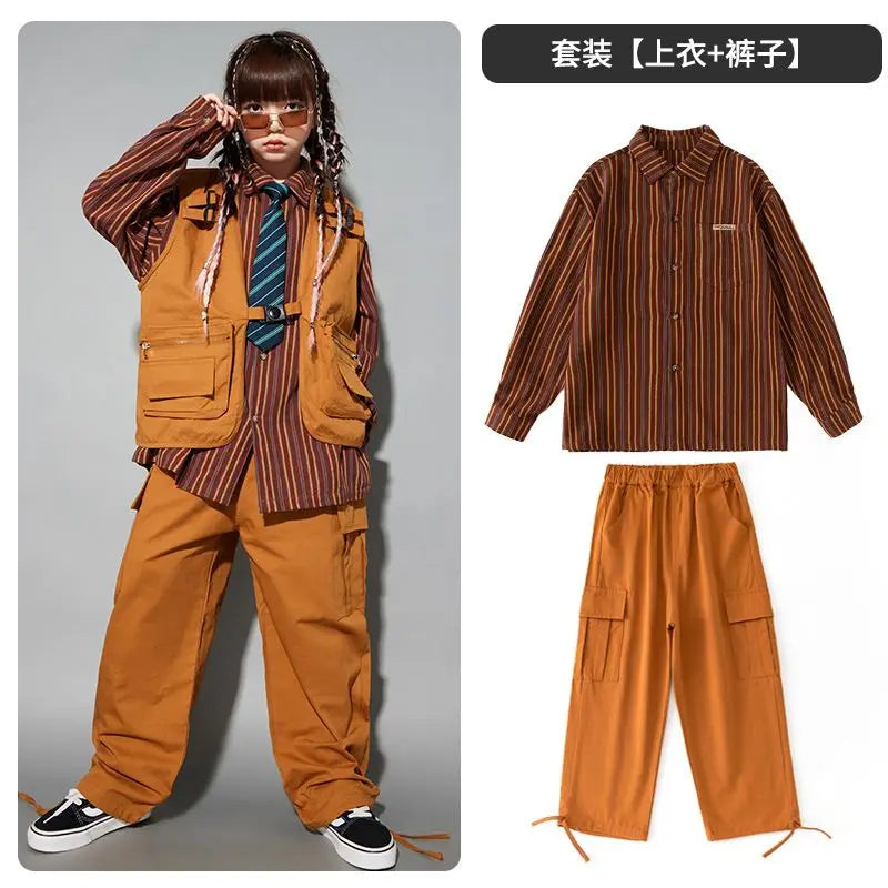 Child costume For Kids Stripe Shirt Brown Vest Hiphop Pants Suit Girls Jazz Dancing Outfits Boys Streetwear