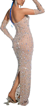 Women’s Rhinestone Mesh Bodycon Dress – Sexy Long Sleeve See-Through Sequin Party Club Night Outfit
