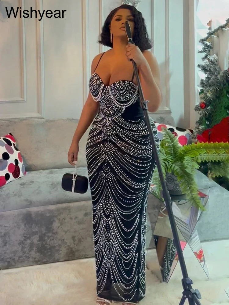 Luxury Sparkly Crystal Rhinestone Pearl Celebrities Gown Brown Dress
