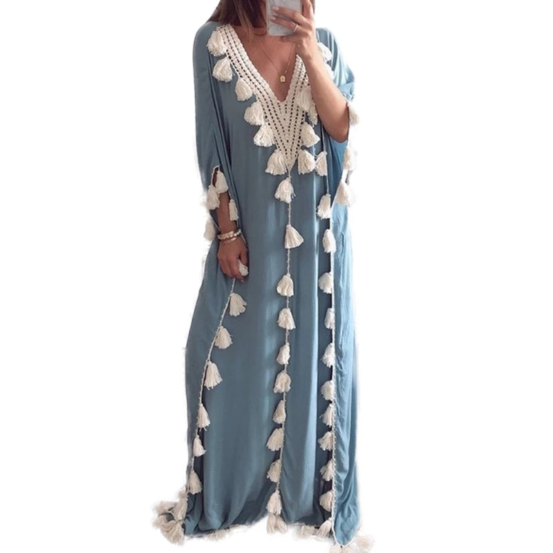 Women’s Arabic Islamic Kaftan – Half Sleeve V-Neck Maxi Dress with Tassel Trim, Casual Loose Fit