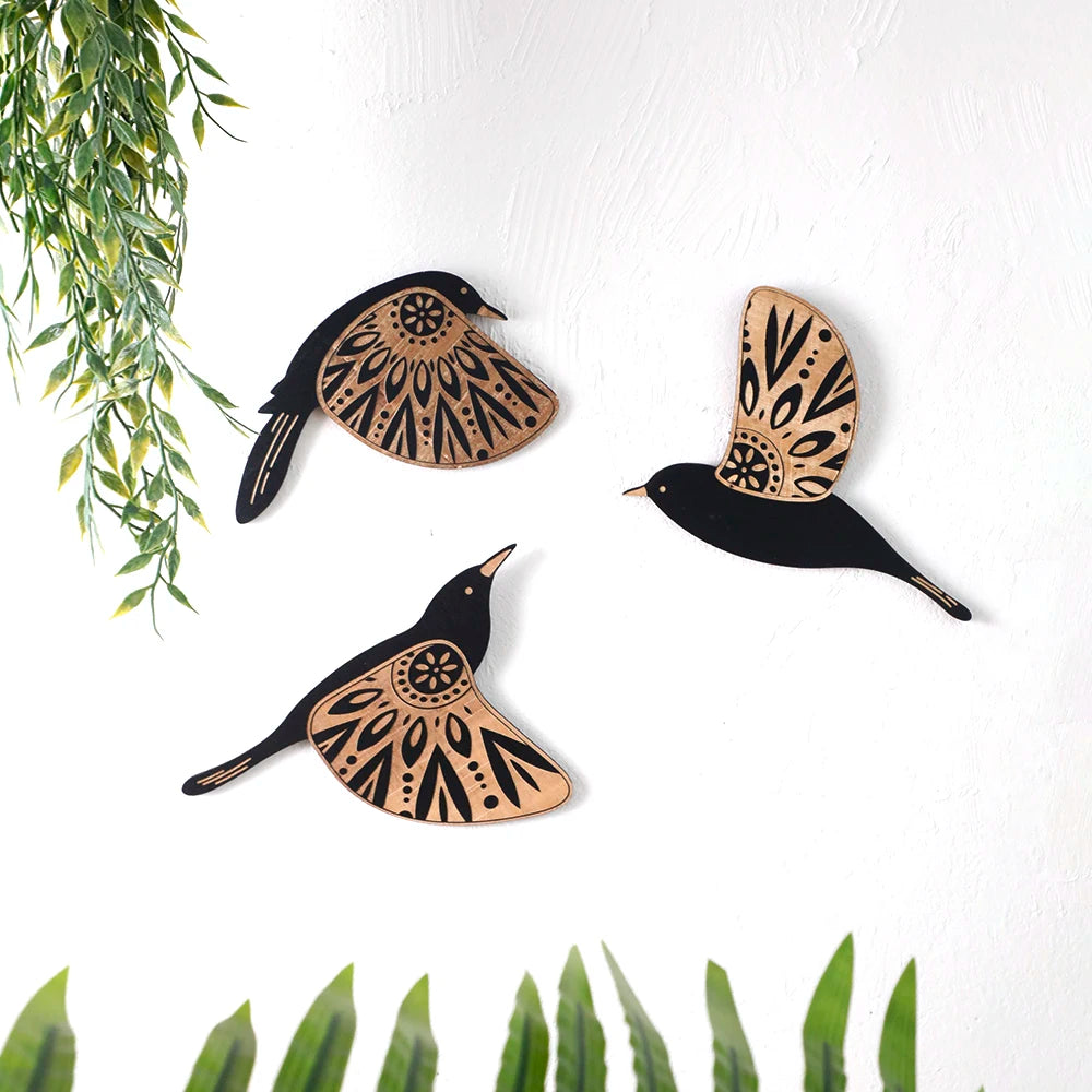 3 Pcs Black Bird Wooden Wall Decor Art Vintage Gothic Decor Living Room Bathroom Kitchen Home Decorations Indoor Outdoor Gifts