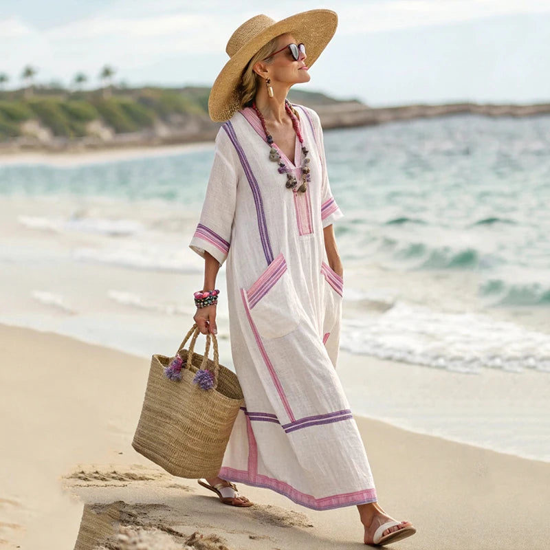 Summer Women’s Casual V-Neck Dress – Short Sleeve Geometric Print Loose Pullover with Pockets