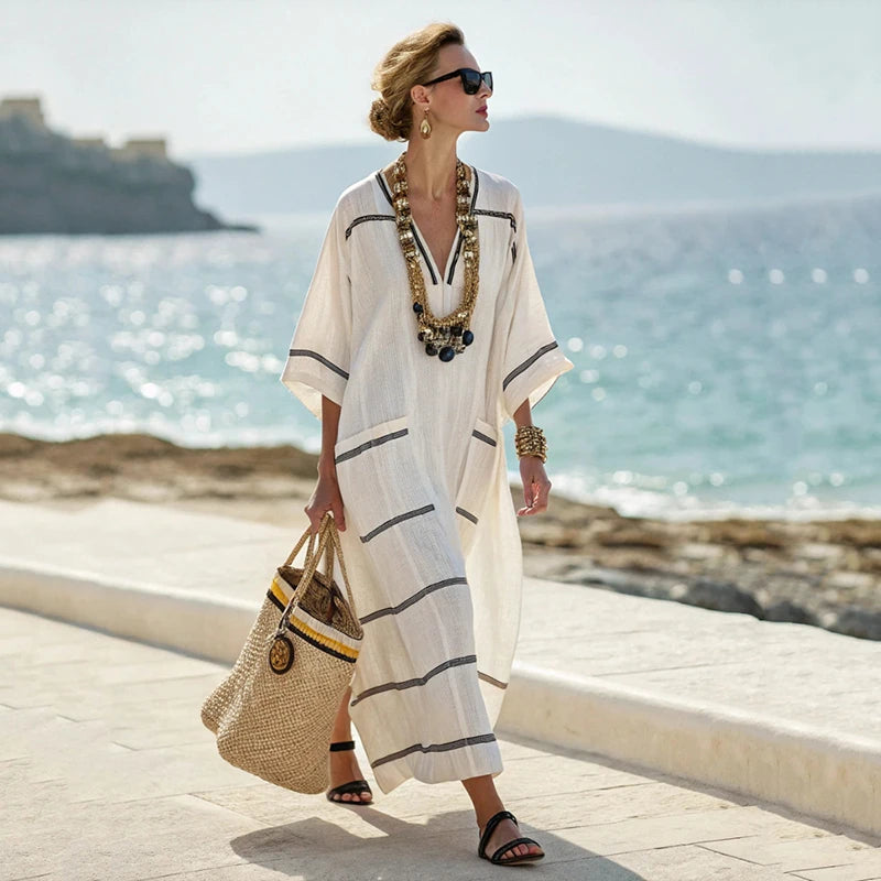 Summer Women’s Casual V-Neck Dress – Short Sleeve Geometric Print Loose Pullover with Pockets