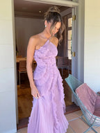 Halter Neck Pleated Ruffled Long Dress Women Pink Sleeveless Backless Lace-up Folds Slim Dresses Evening Party Gowns