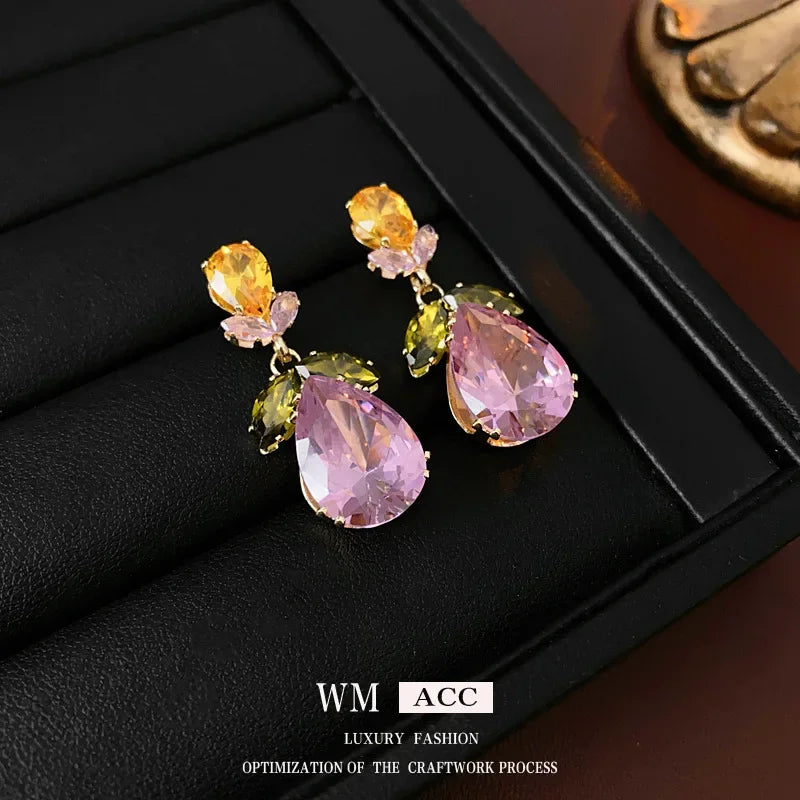 Color Zircon Water Drop Leaf Necklace European and American High Fashion Evening Dress Jewelry Set for Women Wedding