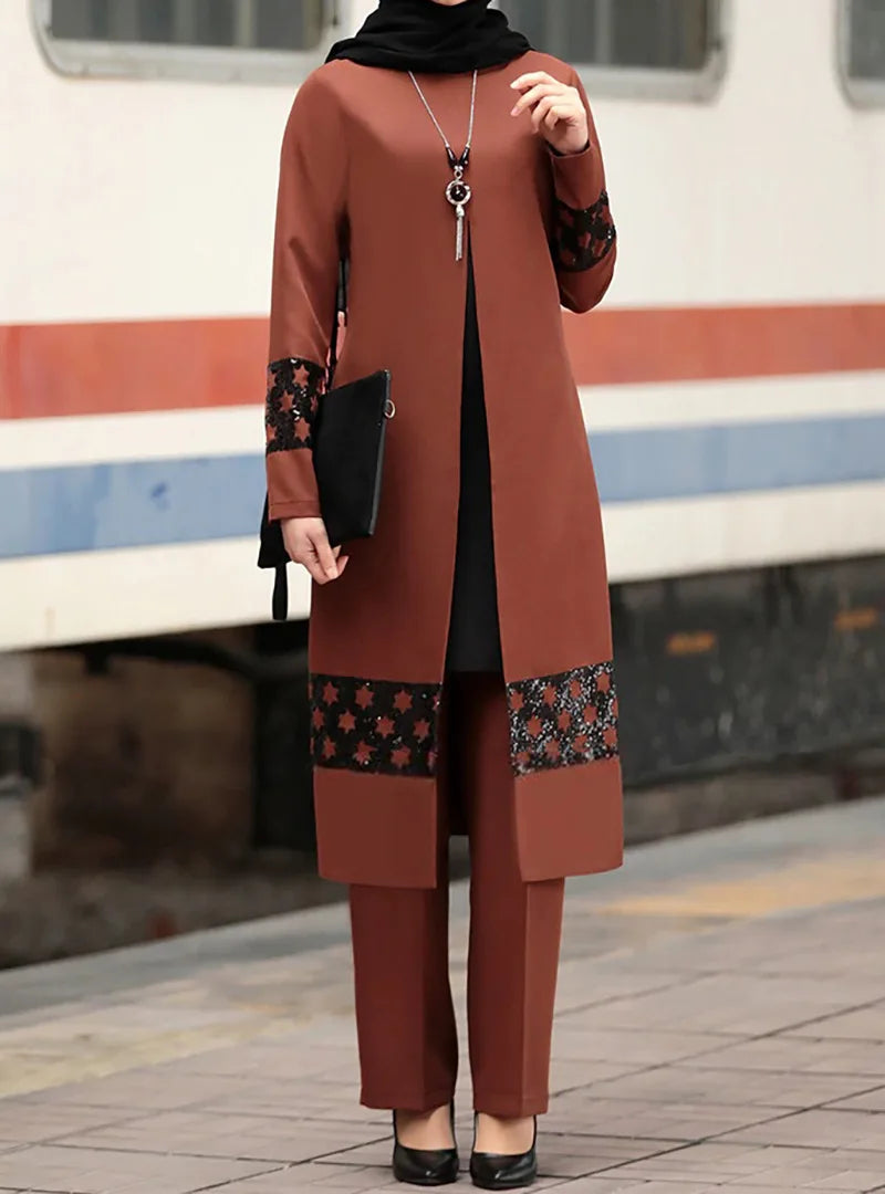 Women’s Islamic Ramadan & Eid 2-Piece Set – Lace-Up Corset Top with Wide-Leg Pants, Solid Color Kaftan