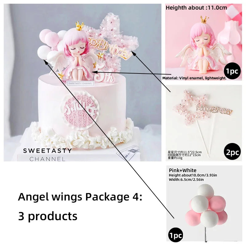 Princess Cake Toppers Ballet Dance Girl Happy Birthday Party Decoration Angel Wing for One Year Old Baby Shower Party Cake Decor
