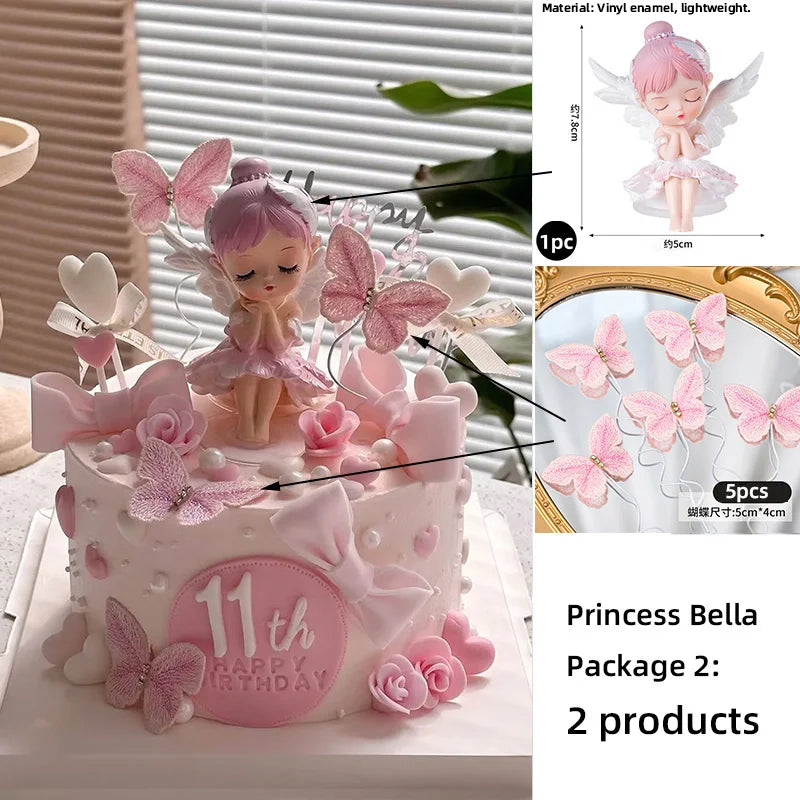 Princess Cake Toppers Ballet Dance Girl Happy Birthday Party Decoration Angel Wing for One Year Old Baby Shower Party Cake Decor