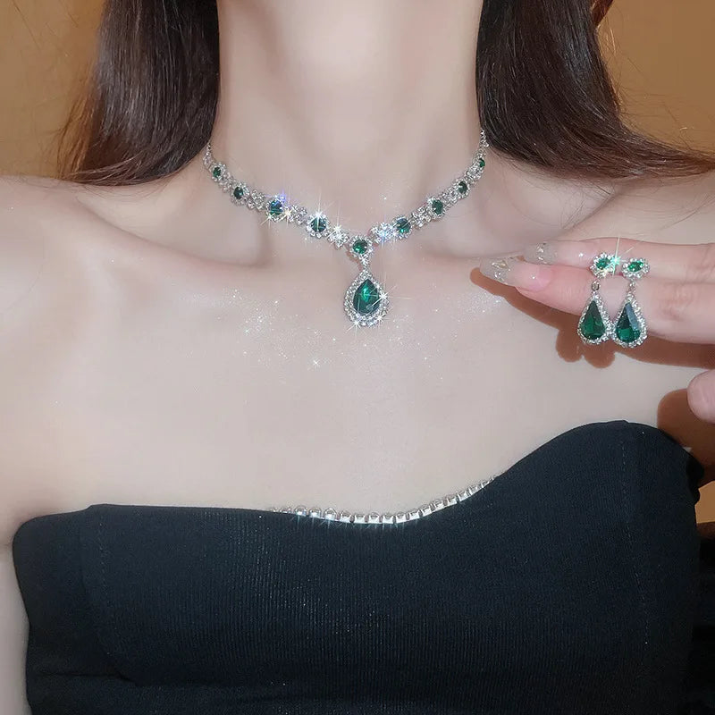 Shiny Crystal Necklace Earrings Women's Fashion Big Water Droplet Rhinestone Necklaces Wedding Evening Dress Jewelry Set