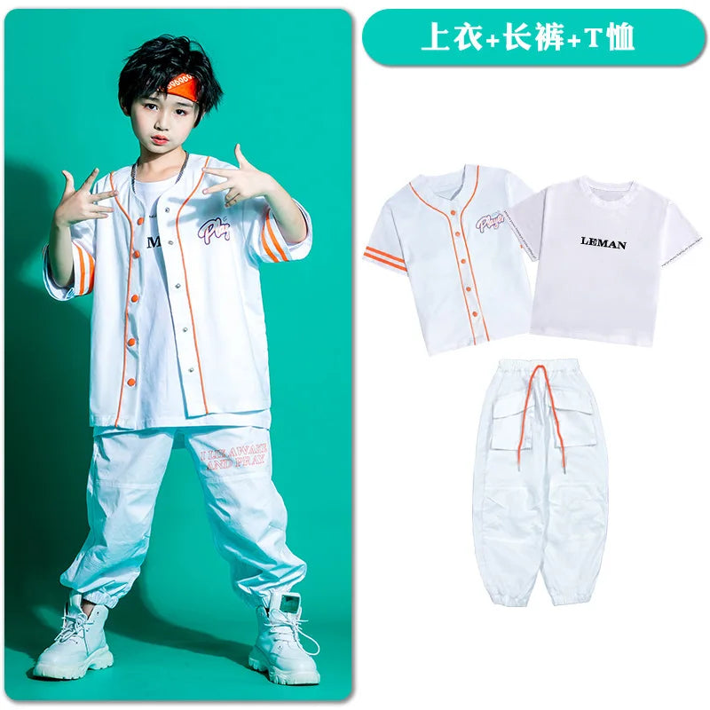 Kid Kpop Hip Hop Clothing Baseball Cardigan Shirt Top White Streetwear Cargo Jogger Pants Shorts for Girl Boy Jazz Dance Costume