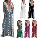 Women’s Arabic Islamic Kaftan – Half Sleeve V-Neck Maxi Dress with Tassel Trim, Casual Loose Fit