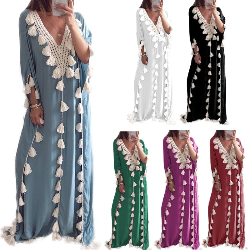Women’s Arabic Islamic Kaftan – Half Sleeve V-Neck Maxi Dress with Tassel Trim, Casual Loose Fit