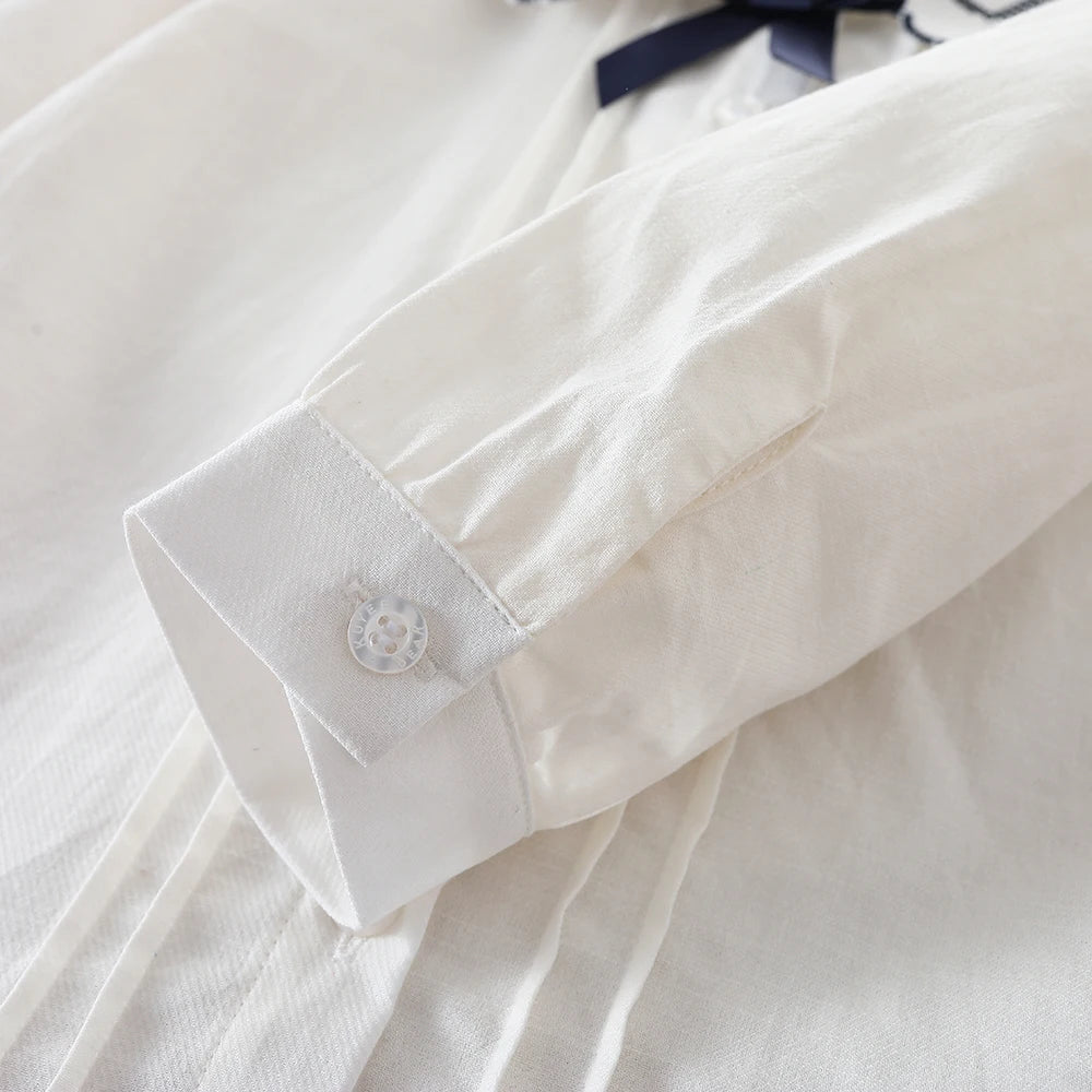 Girls White Cotton Shirt – Long Sleeve Bow Tie Blouse, Cute Korean Fashion Kids Top for Spring & Autumn