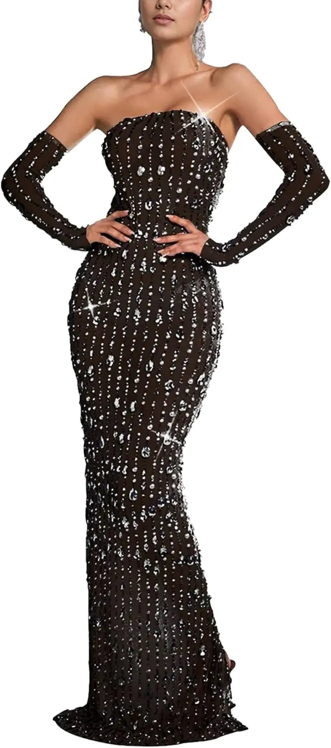 Women’s Rhinestone Mesh Bodycon Dress – Sexy Long Sleeve See-Through Sequin Party Club Night Outfit