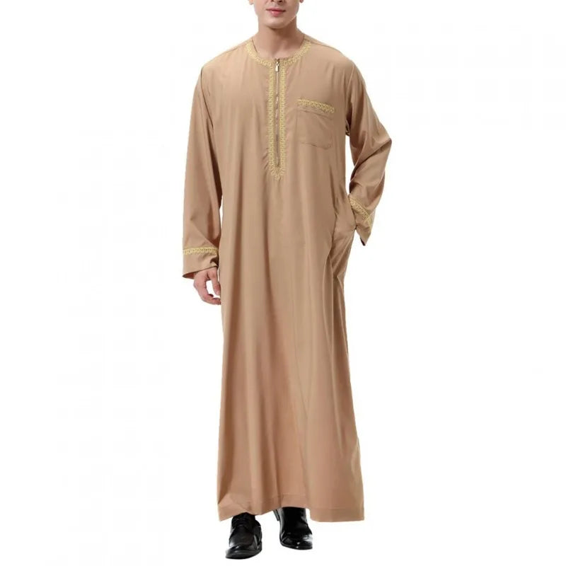 Men’s Islamic Robe – Casual Long Sleeve Tunic, Solid Color, Round Neck