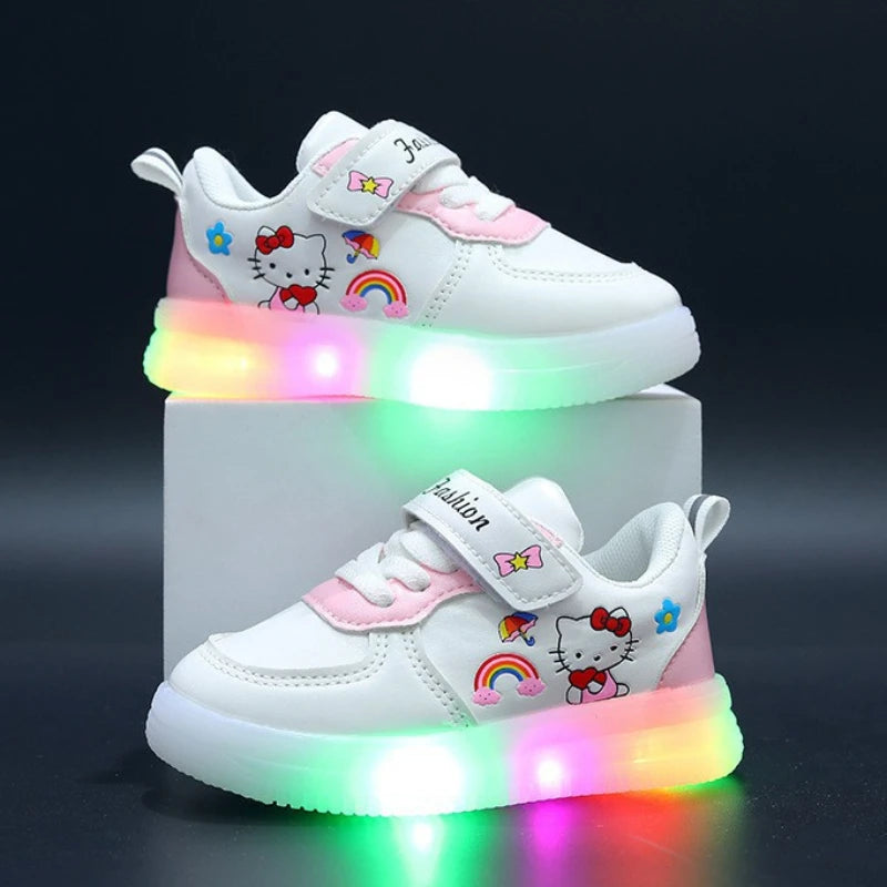 Girls LED Light Up Shoes – Hook & Loop Casual Sneakers with Print Design, Comfortable PU Insole & Rubber Sole (Ages 4–6 Years)