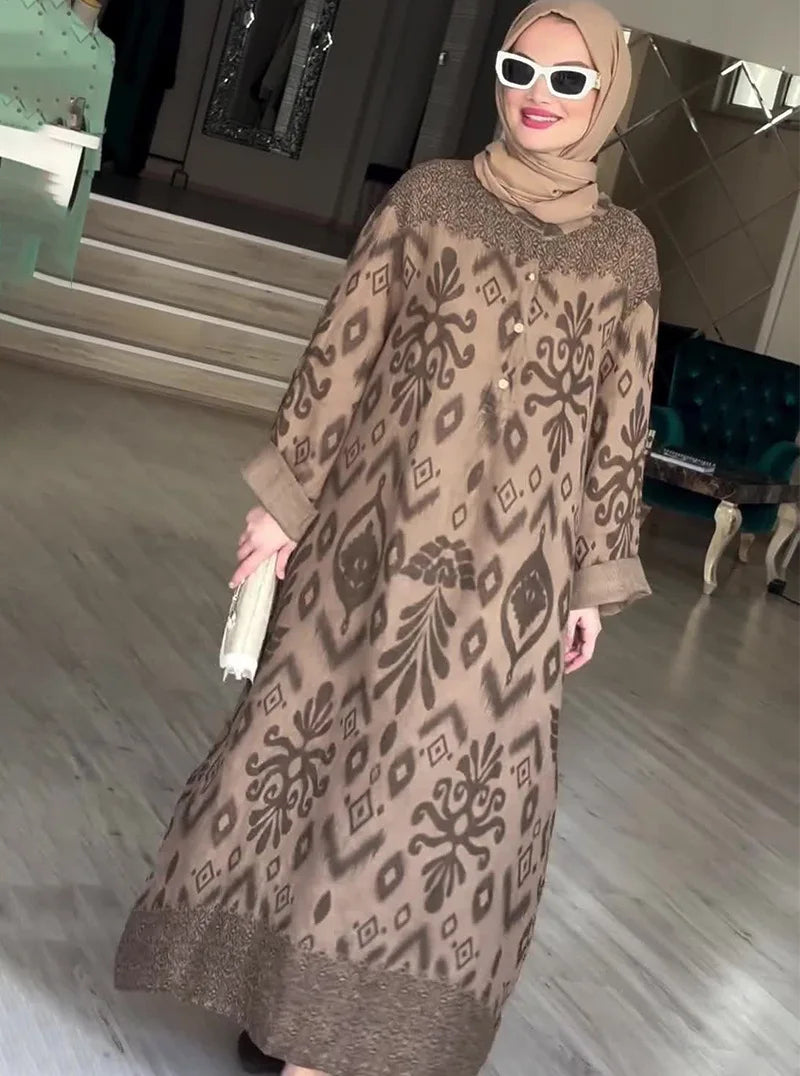Women’s Ramadan & Eid Dress – Printed Long Abaya Kaftan, Modest Islamic Jalaiya