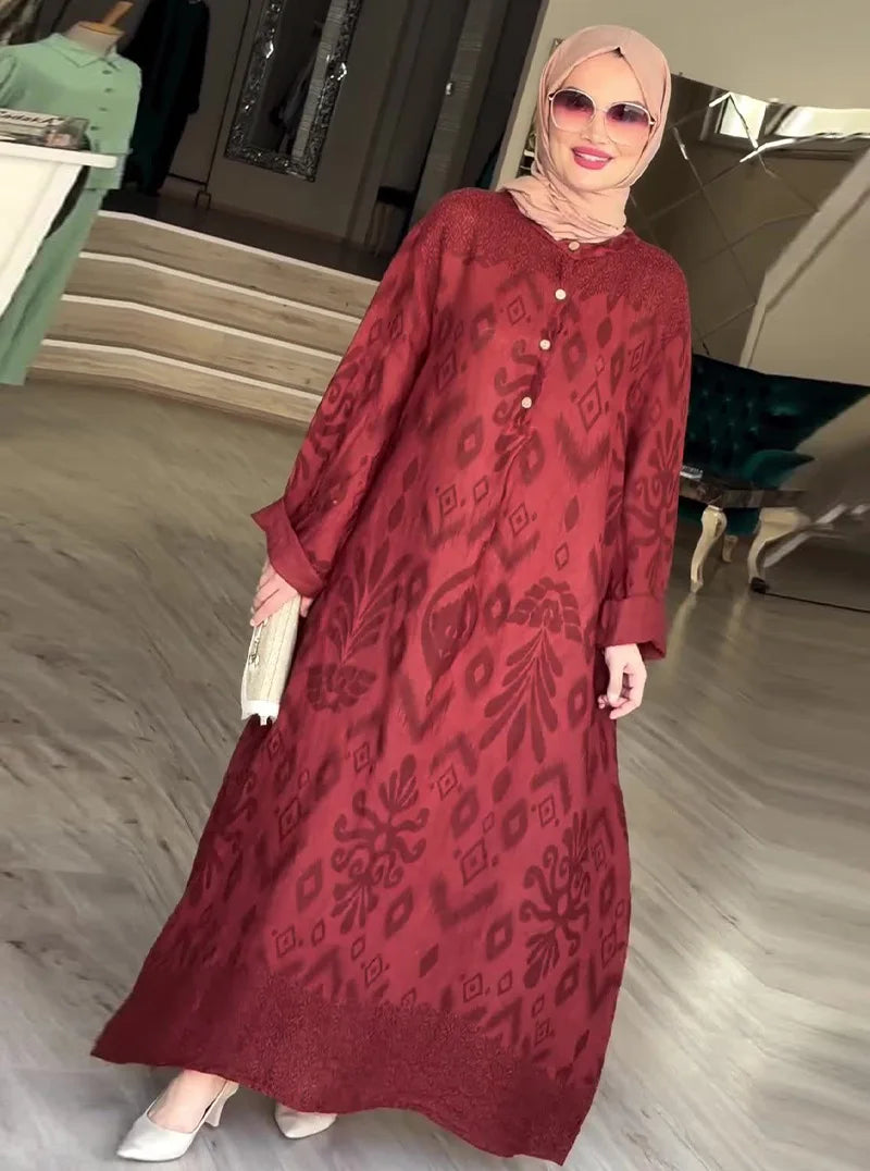 Women’s Ramadan & Eid Dress – Printed Long Abaya Kaftan, Modest Islamic Jalaiya