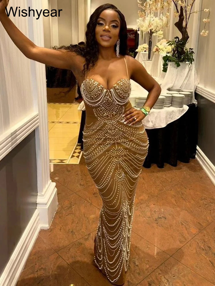 Luxury Sparkly Crystal Rhinestone Pearl Celebrities Gown Brown Dress