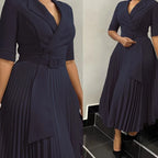 Elegant Pleated Office Dress – Belted Mid-Calf Business Wear for Women