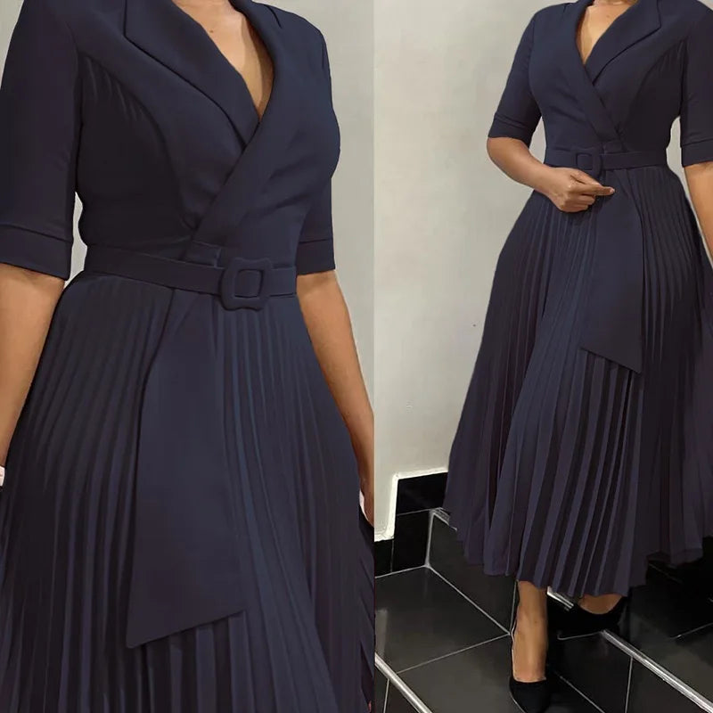 Elegant Pleated Office Dress – Belted Mid-Calf Business Wear for Women
