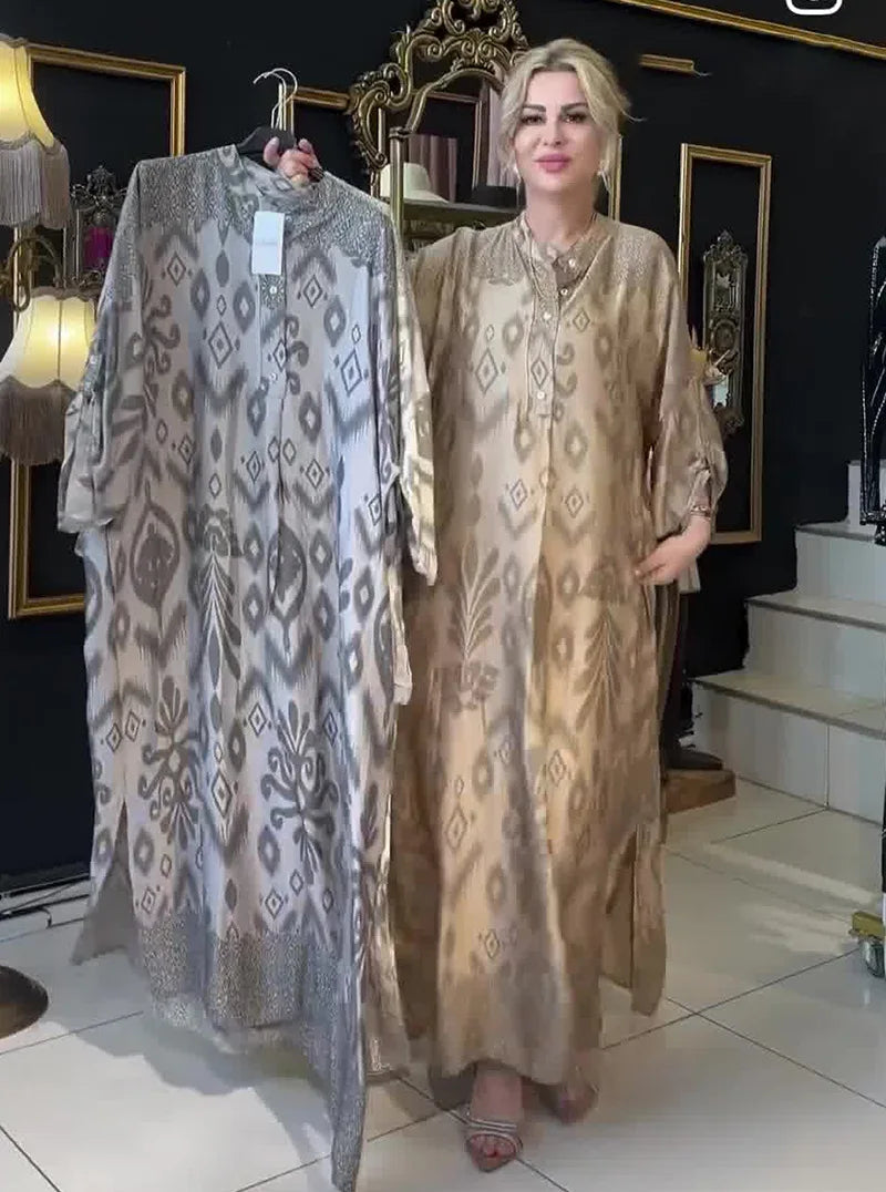 Women’s Ramadan & Eid Dress – Printed Long Abaya Kaftan, Modest Islamic Jalaiya
