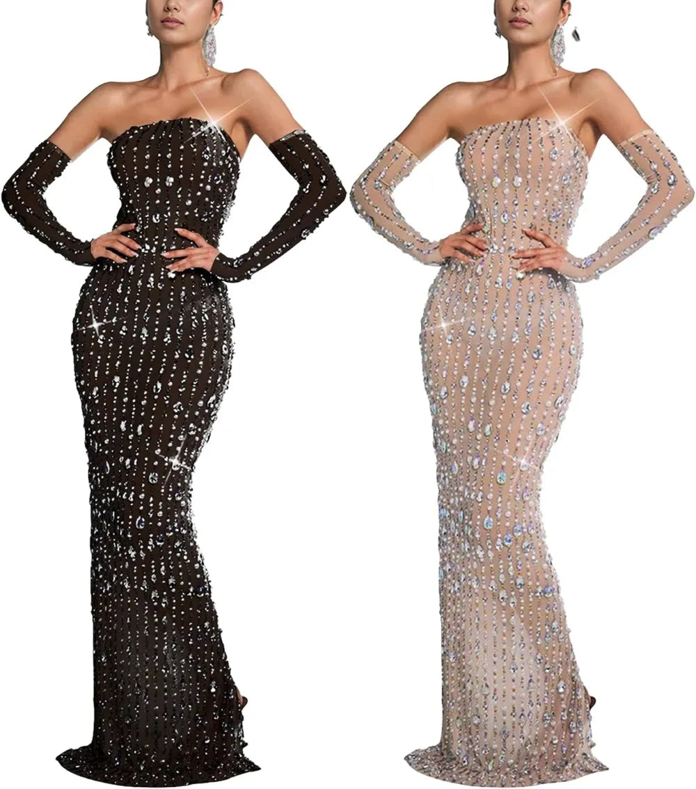 Women’s Rhinestone Mesh Bodycon Dress – Sexy Long Sleeve See-Through Sequin Party Club Night Outfit