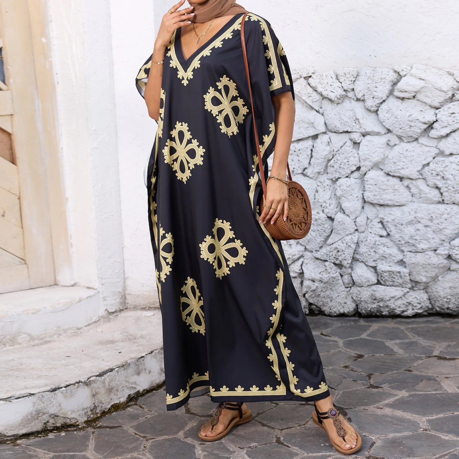 Women’s Summer Ramadan Dress – Loose V-Neck Bat Sleeve Caftan Gown