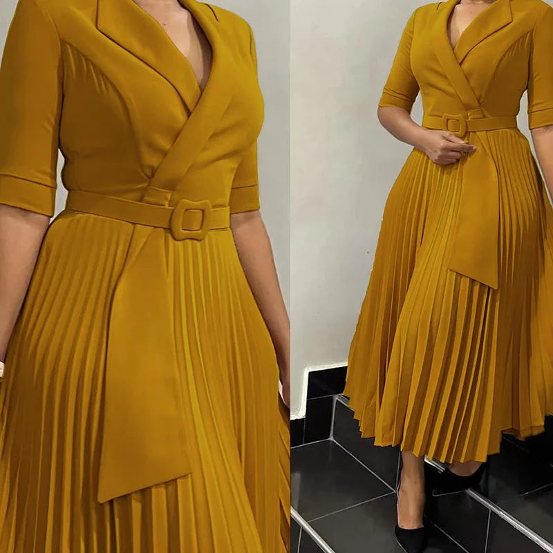 Elegant Pleated Office Dress – Belted Mid-Calf Business Wear for Women
