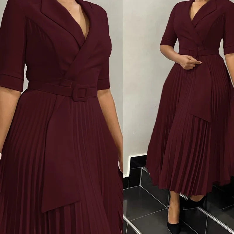 Elegant Pleated Office Dress – Belted Mid-Calf Business Wear for Women