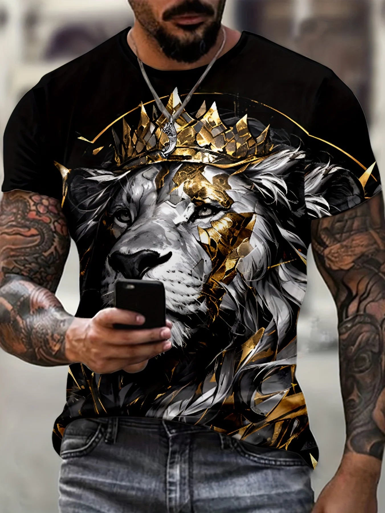 Men’s Lion Crown Graphic Tee – Breathable Polyester Blend, Casual & Elegant Plus Size Crew Neck T-Shirt