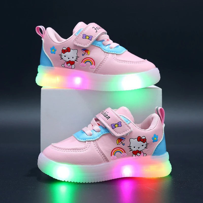 Girls LED Light Up Shoes – Hook & Loop Casual Sneakers with Print Design, Comfortable PU Insole & Rubber Sole (Ages 4–6 Years)