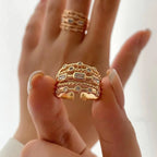 Stainless Steel 18 K Gold Plated Sun Rings for Women Natural Stone Inlaid in Hollow Metal Texture Ring Trendy Jewelry