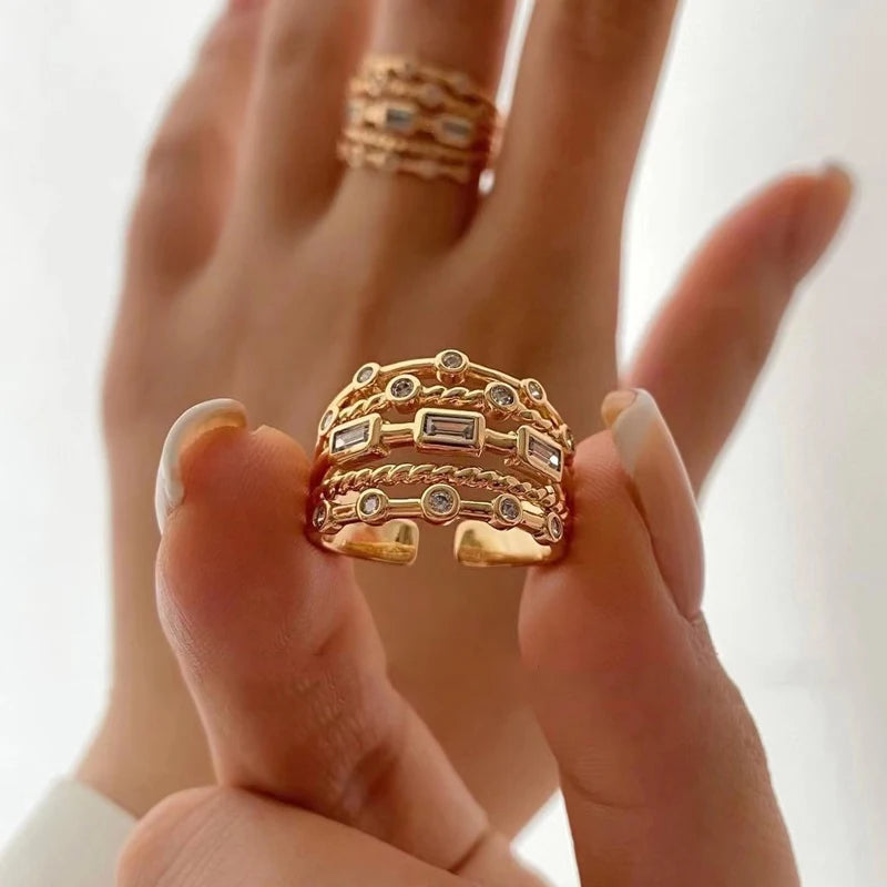 Stainless Steel 18 K Gold Plated Sun Rings for Women Natural Stone Inlaid in Hollow Metal Texture Ring Trendy Jewelry