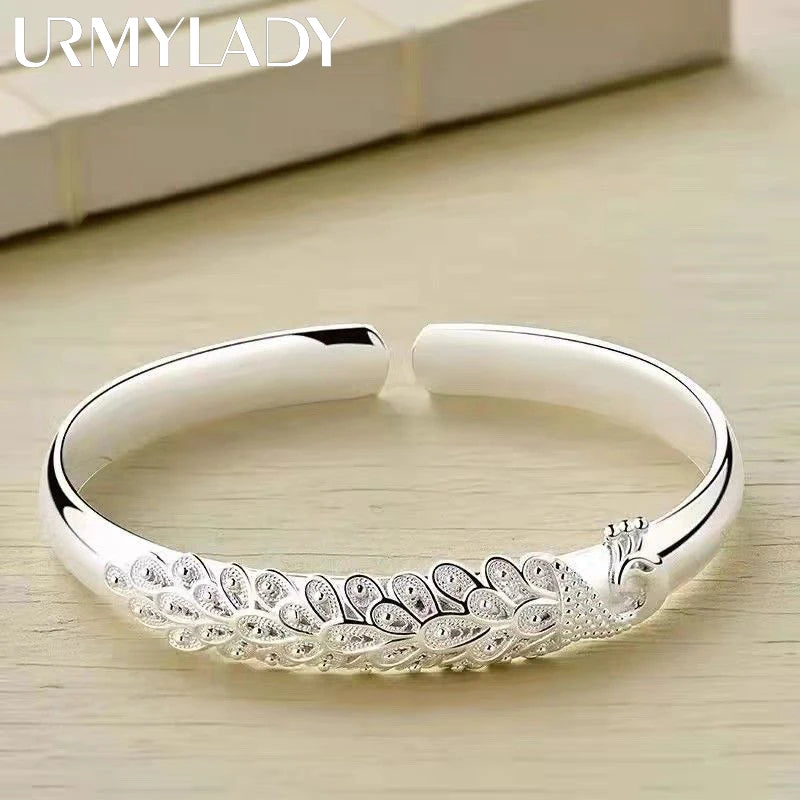 Silver elegant Peacock opening screen bracelet Bangles for women fashion party wedding Accessories jewelry gift