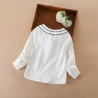 Girls White Cotton Shirt – Long Sleeve Bow Tie Blouse, Cute Korean Fashion Kids Top for Spring & Autumn