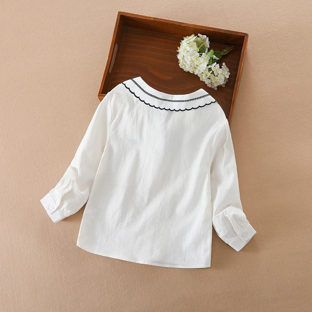 Girls White Cotton Shirt – Long Sleeve Bow Tie Blouse, Cute Korean Fashion Kids Top for Spring & Autumn