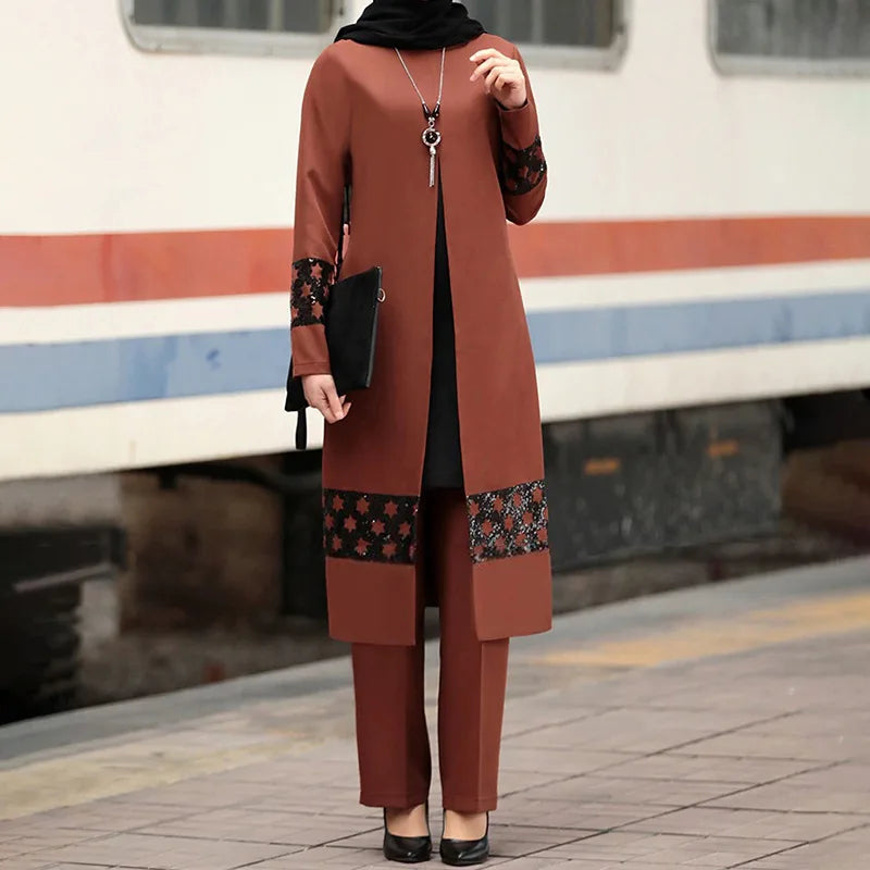 Women’s Islamic Ramadan & Eid 2-Piece Set – Lace-Up Corset Top with Wide-Leg Pants, Solid Color Kaftan