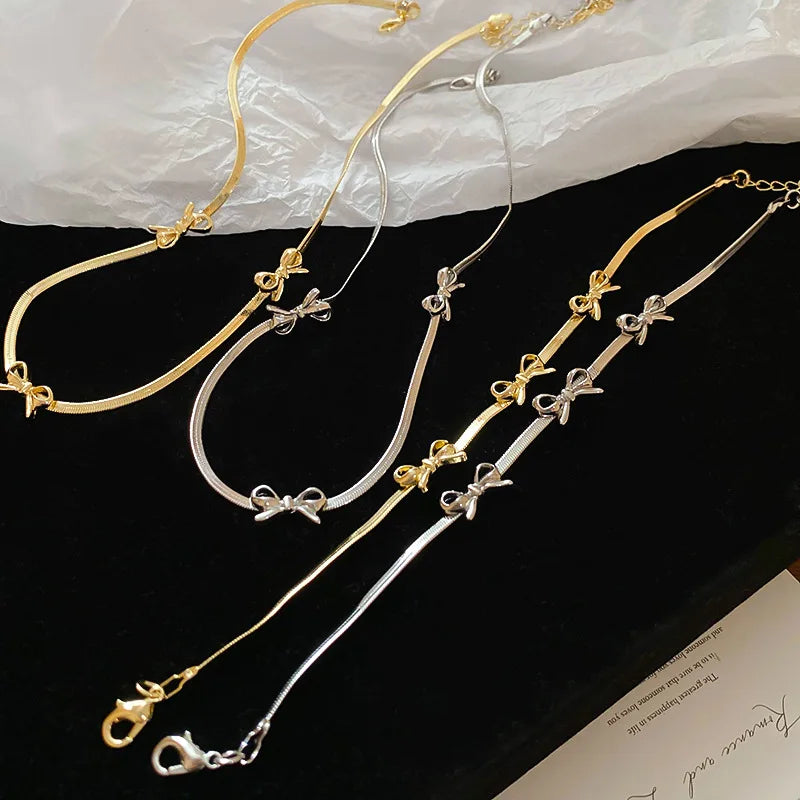 Silver Color Color Bowknot Bracelets for Women Girls Sparkling Delicate Chains Blade Chokers Necklaces Party Dress Jewelry Gifts