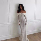 Suninheart White Off The Shoulder Autumn Bodycon Dress 2025 Long Sleeve Elegant Lace Maxi Dress Wedding Guest Dress for Women