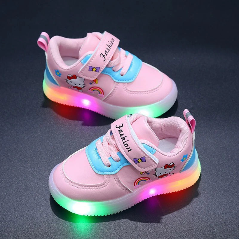 Girls LED Light Up Shoes – Hook & Loop Casual Sneakers with Print Design, Comfortable PU Insole & Rubber Sole (Ages 4–6 Years)