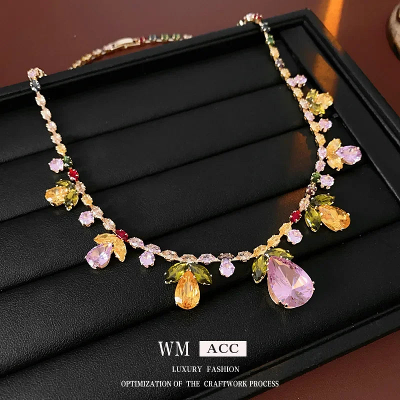 Color Zircon Water Drop Leaf Necklace European and American High Fashion Evening Dress Jewelry Set for Women Wedding