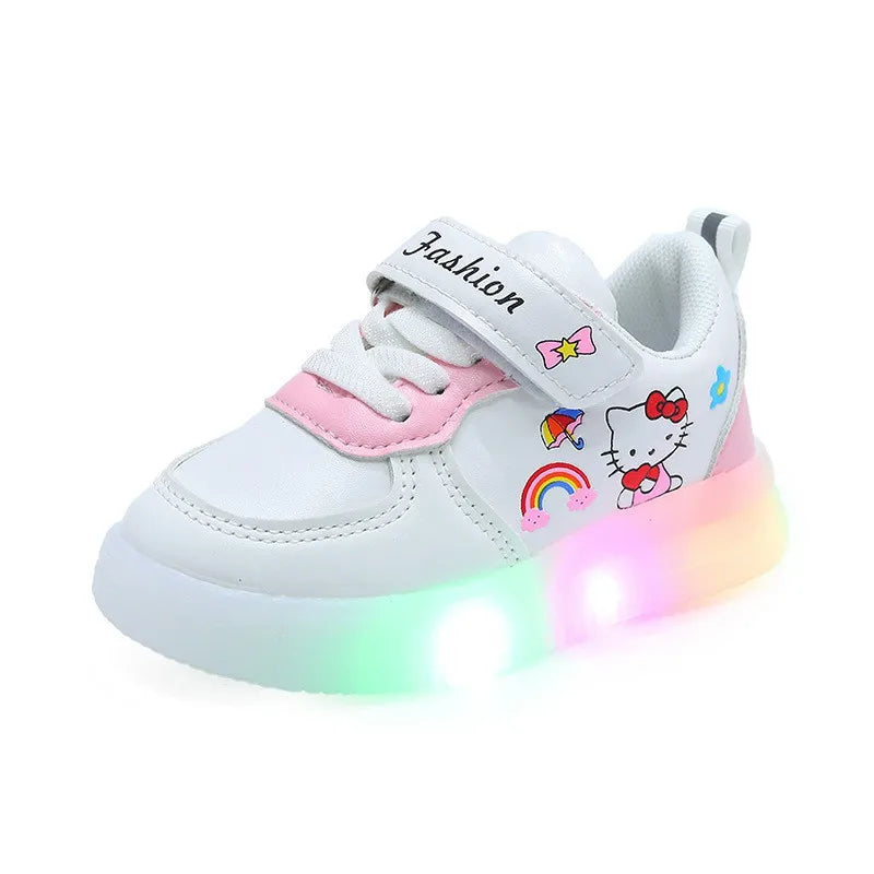 Girls LED Light Up Shoes – Hook & Loop Casual Sneakers with Print Design, Comfortable PU Insole & Rubber Sole (Ages 4–6 Years)