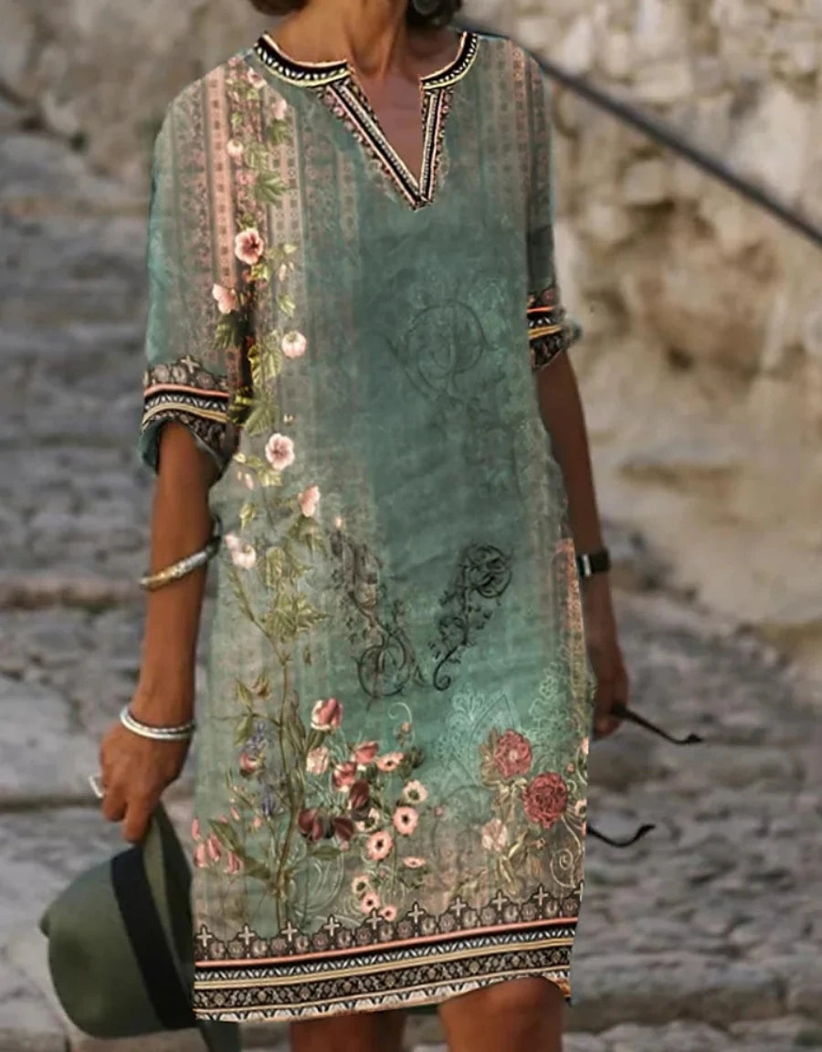 Elegant Women’s Casual Printed Dress – Short Sleeve Loose Fit Weekend Summer Dress