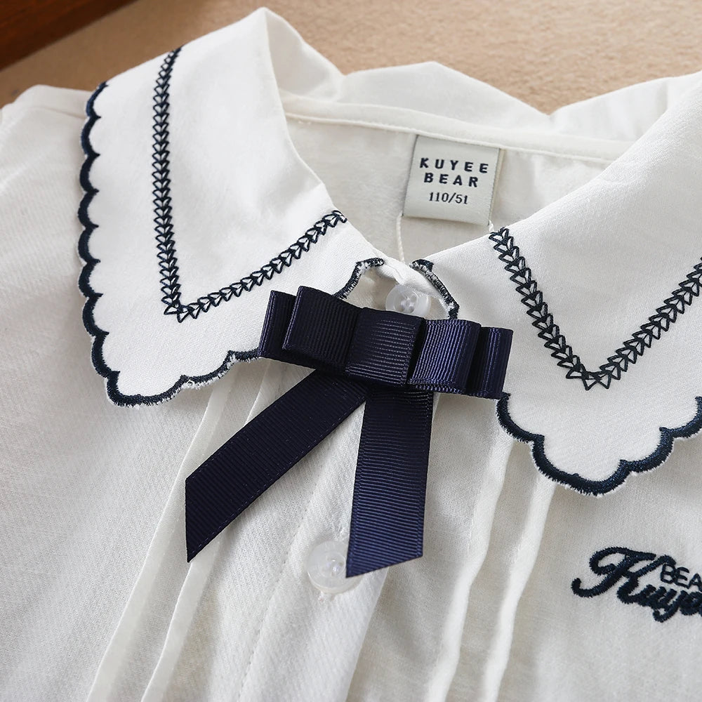 Girls White Cotton Shirt – Long Sleeve Bow Tie Blouse, Cute Korean Fashion Kids Top for Spring & Autumn