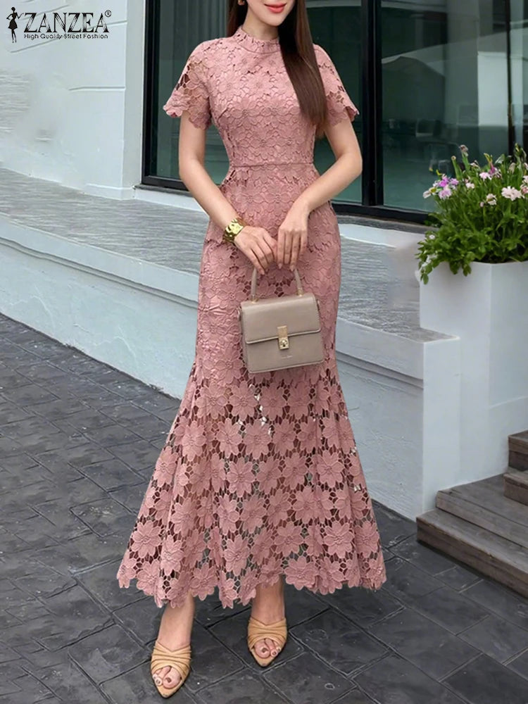 Women’s Elegant Lace Maxi Dress – Stand Collar Fishtail Sundress, Short Sleeve Casual Solid Color Summer 2025